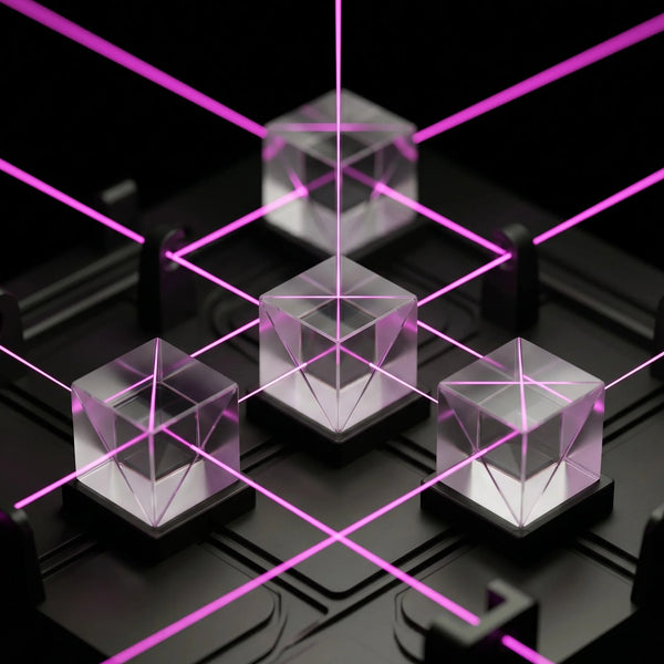 Flussi di linee luminose e prismi ottici color magenta su sfondo nero assoluto, a simboleggiare l'ottimizzazione tecnica della velocità di caricamento mobile per uno store Shopify Basic.