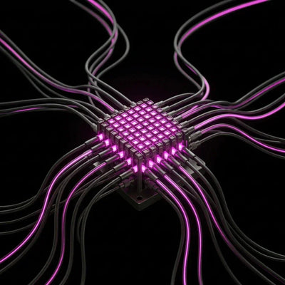 Rappresentazione astratta e minimalista di circuiti digitali e linee di codice luminose magenta su sfondo nero, che simboleggia l'ottimizzazione tecnica di uno store Shopify.