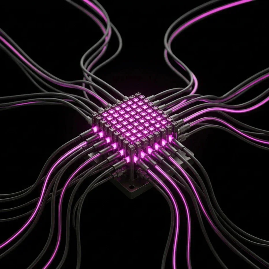 Rappresentazione astratta e minimalista di circuiti digitali e linee di codice luminose magenta su sfondo nero, che simboleggia l'ottimizzazione tecnica di uno store Shopify.