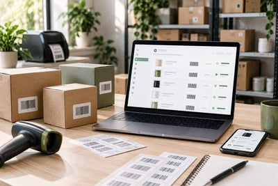 Postazione e-commerce con laptop, scanner e pacchi etichettati con codici a barre per la gestione del catalogo Shopify