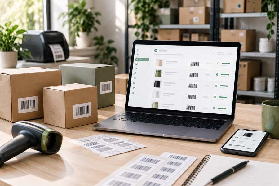 Postazione e-commerce con laptop, scanner e pacchi etichettati con codici a barre per la gestione del catalogo Shopify