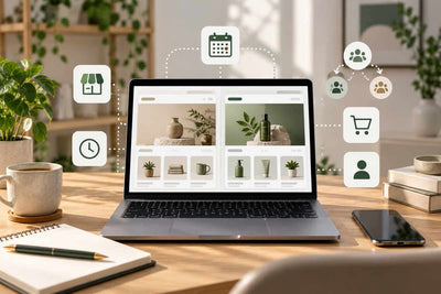Postazione e-commerce con laptop che mostra due versioni visuali di uno store, calendario e icone per distribuzione del traffico e checkout