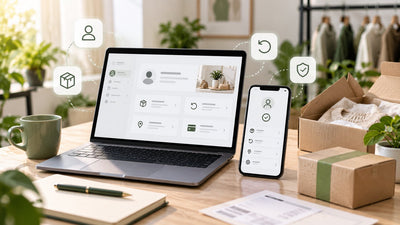Postazione e-commerce con laptop e smartphone che mostrano un account cliente, ordini, resi e profilo