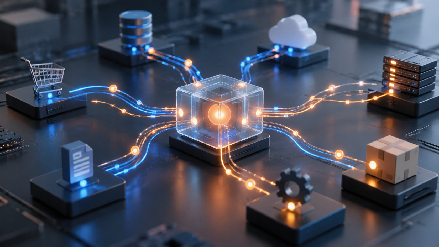 Rete di eventi tra sistemi e-commerce, database, cloud e automazioni per illustrare Shopify Next Gen Events