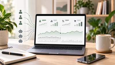 Laptop con dashboard di analytics e visualizzazione separata del traffico umano e bot in un ambiente di lavoro e-commerce
