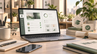 Postazione di formazione eCommerce con laptop, moduli di apprendimento e simboli di competenze verificate