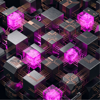 Rappresentazione geometrica astratta di ingranaggi tecnologici e linee di codice con luci magenta su sfondo nero per simboleggiare l'ottimizzazione del codice Shopify. 