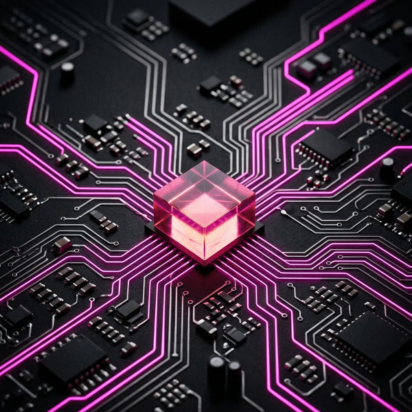 Rappresentazione visiva del protocollo IFG eCommerce per la sincronizzazione di Shopify con agenti IA tramite circuiti meccanici magenta su sfondo nero.