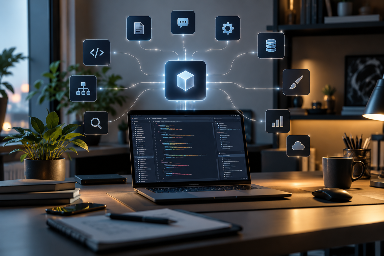 Postazione di sviluppo con laptop e moduli AI collegati a un hub centrale, simbolo della skill Shopify unificata