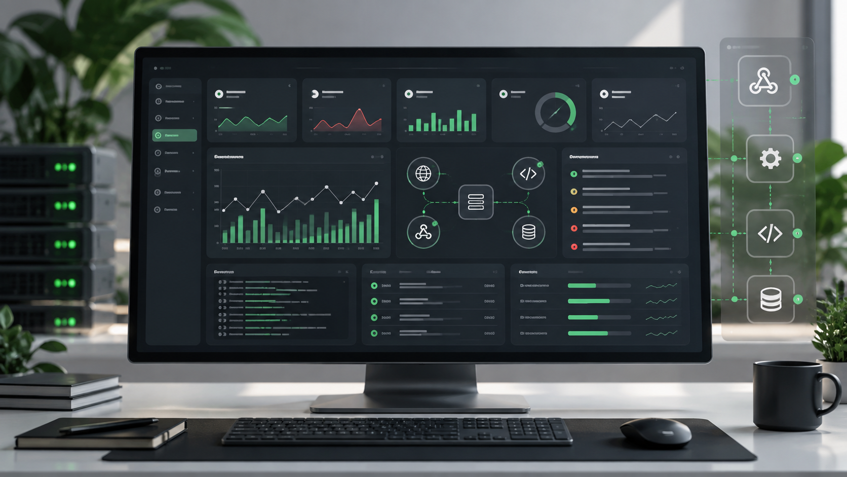 Monitor ultrawide in una postazione di lavoro con dashboard tecnica scura, grafici, log e diagrammi di API e webhook evidenziati in verde