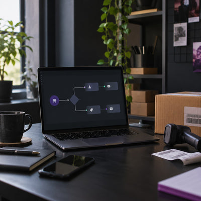 Postazione e-commerce con un flusso di automazione visualizzato su laptop, simbolo di Shopify Flow