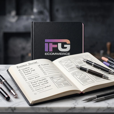 Manuale tecnico IFG eCommerce aperto su pagine di checklist e template di design per shop online, fotografia macro in studio.