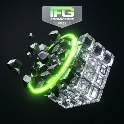 Visualizzazione astratta di forme scure irregolari che si allineano perfettamente in una griglia cristallina dopo essere state colpite da luce verde neon, simboleggiando l'ottimizzazione istantanea. Copertina quadrata IFG eCOMMERCE con solo logo.