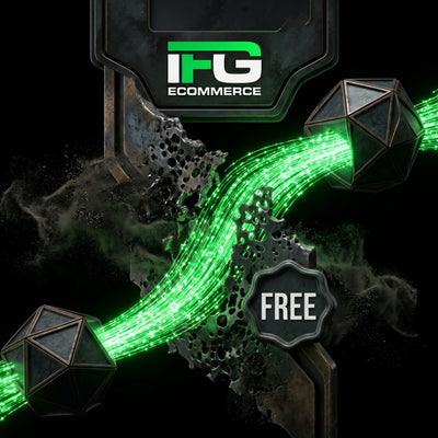 Visualizzazione astratta di nodi e percorsi di dati con una barriera centrale che si apre, simboleggiando la configurazione dei pagamenti sbloccata e il flusso continuo, con luce verde neon. Copertina quadrata IFG eCOMMERCE con solo logo.