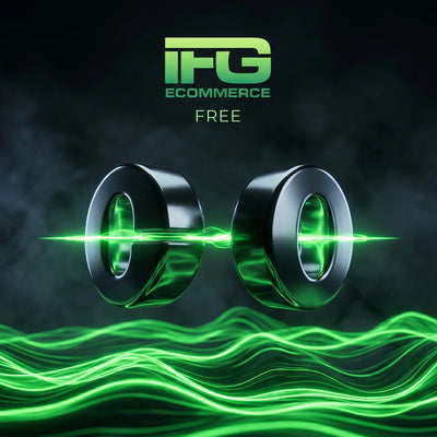 Rappresentazione astratta di forme geometriche scure galleggianti in perfetto equilibrio senza peso sopra un campo di luce verde neon ondulatoria, simboleggiando il calcolo senza sforzo. Copertina quadrata IFG eCOMMERCE con solo logo.