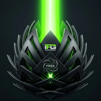 Rappresentazione astratta e scura di una struttura architettonica a 10 livelli che si apre come un bocciolo, simboleggiando i passi di avvio sbloccati e accessibili, illuminata da luce verde neon. Copertina quadrata IFG eCOMMERCE con solo logo.