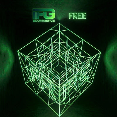 Rappresentazione astratta di un volume geometrico scuro e vuoto che viene riempito e strutturato da una rete scheletrica di luce verde neon che si espande all'interno, simboleggiando l'uso del template. Copertina quadrata IFG eCOMMERCE con solo logo.