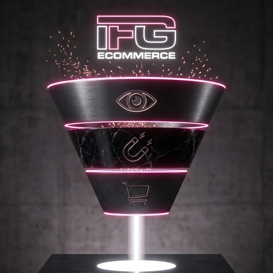 Struttura a imbuto stilizzata in materiali scuri e neon rosa, con flussi di luce che si concentrano verso il basso per rappresentare il percorso di conversione con logo IFG eCommerce.