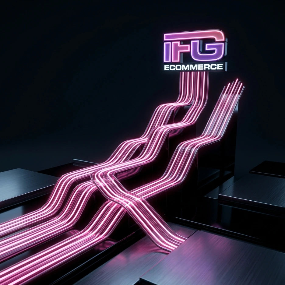 Grafico luminoso neon rosa che sale verso l'alto su uno sfondo di metallo spazzolato scuro, simboleggiando la crescita e l'espansione dei mercati con logo IFG eCommerce.