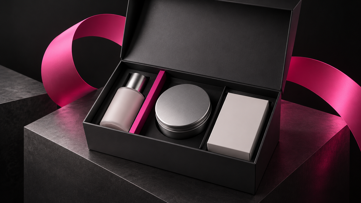 Illustrazione di IFG Build Your Box: confezione aperta e prodotti componibili.
