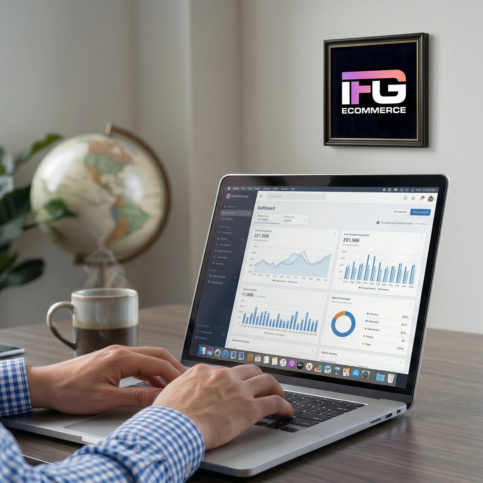 Postazione di lavoro minimale in studio professionale con esperto e-commerce al laptop e logo IFG eCommerce incorniciato a parete, stile pulito e moderno. francesco-guiducci-esperto-shopify-roma-ingegneria-estetica