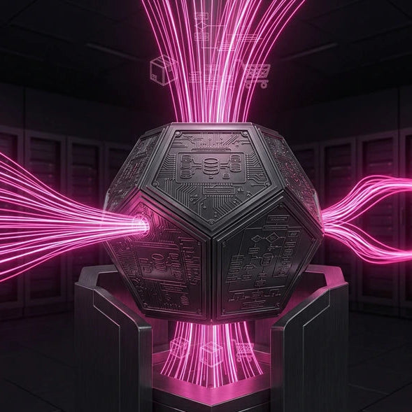 Rappresentazione visiva dell'Ingegneria Estetica: un nucleo tecnologico avanzato con flussi di dati rosa, simbolo del Protocollo IFG per la scalabilità di store Shopify d'élite