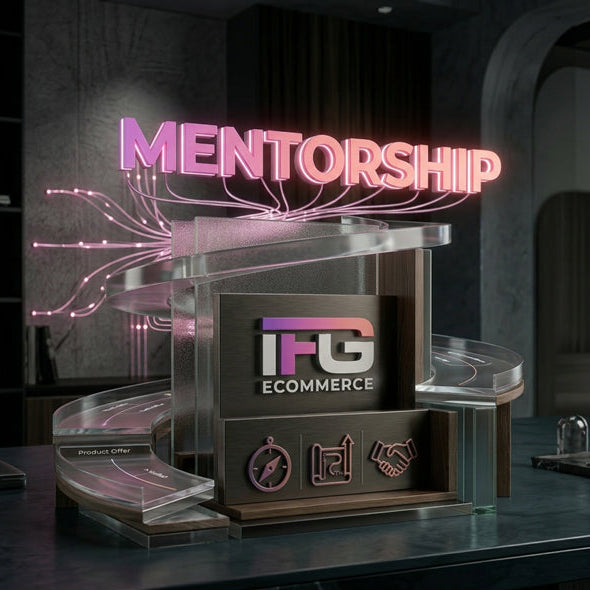 Rappresentazione del Mentoring Shopify 1:1 di Francesco Guiducci: un percorso avanzato e pratico con logo IFG eCommerce e scritta neon Mentorship.