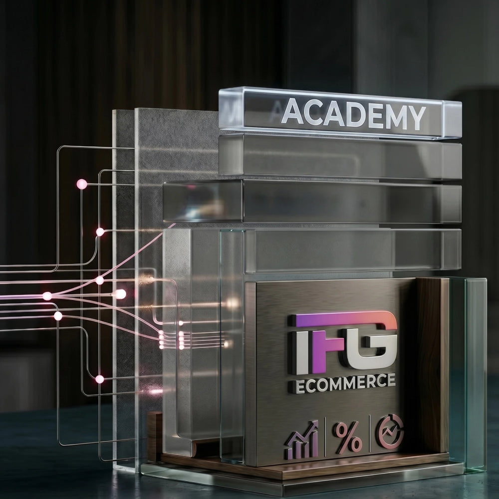 Rappresentazione concettuale del Protocollo IFG eCommerce in uno studio fotografico minimale con toni scuri: moduli in vetro retroilluminati con i titoli Checklist, Guide Shopify e Risorse gratuite, accanto al logo IFG in metallo spazzolato.