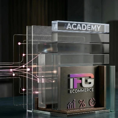 Rappresentazione concettuale del Protocollo IFG eCommerce in uno studio fotografico minimale con toni scuri: moduli in vetro retroilluminati con i titoli Checklist, Guide Shopify e Risorse gratuite, accanto al logo IFG in metallo spazzolato.