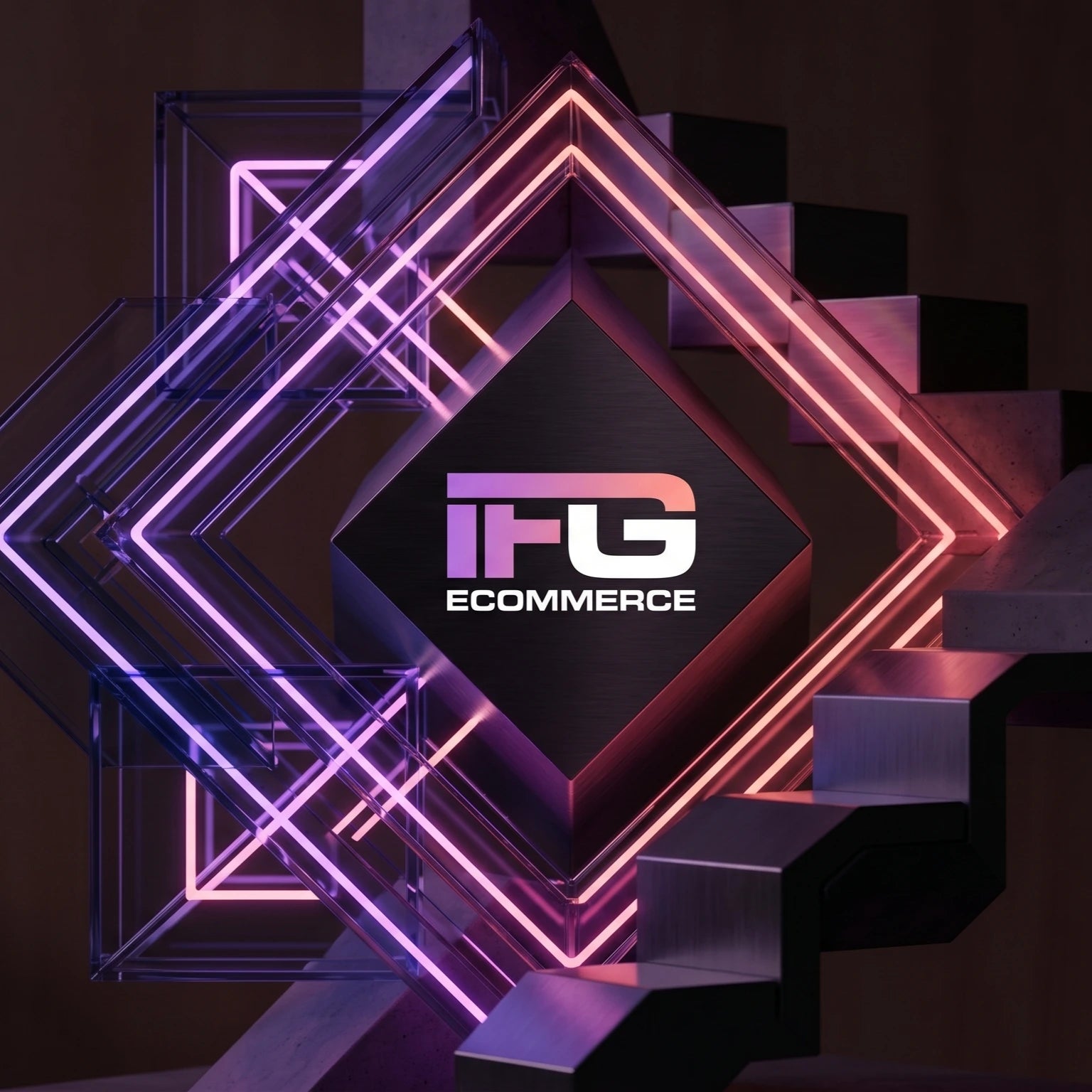Rappresentazione astratta e minimale del Protocollo IFG eCommerce: scultura geometrica in metallo spazzolato e vetro con illuminazione neon nei toni viola e magenta del brand su sfondo scuro professionale.