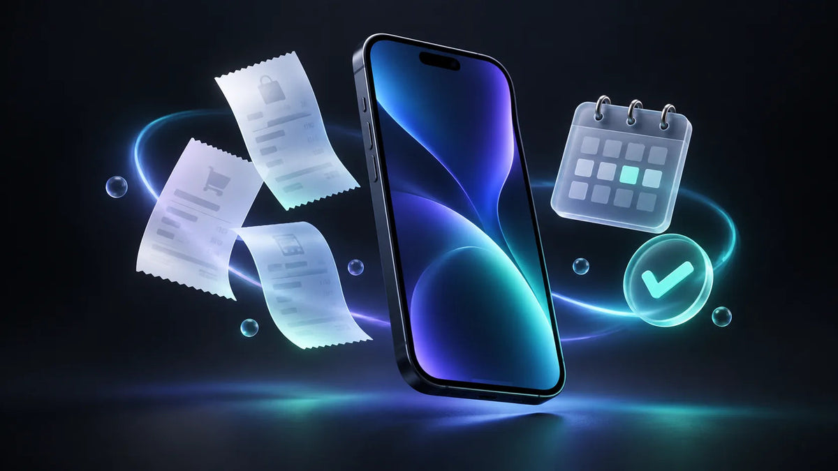 Illustrazione concettuale di Scontrik: iPhone, scontrini e calendario