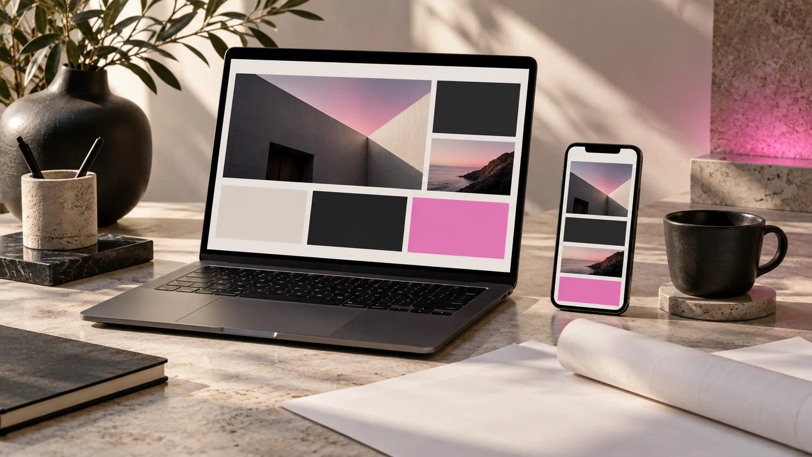 AI concept image of an informational website on a laptop and smartphone, without text.